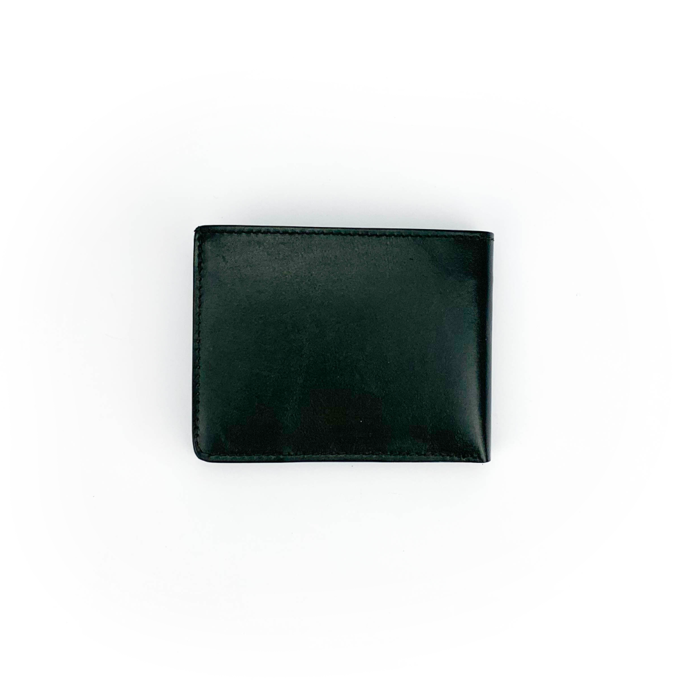 Portafoglio in vitello crust rifinito a mano classico color nero con pratiche tasche banconote, documenti, tessere e porta monete con automatico.